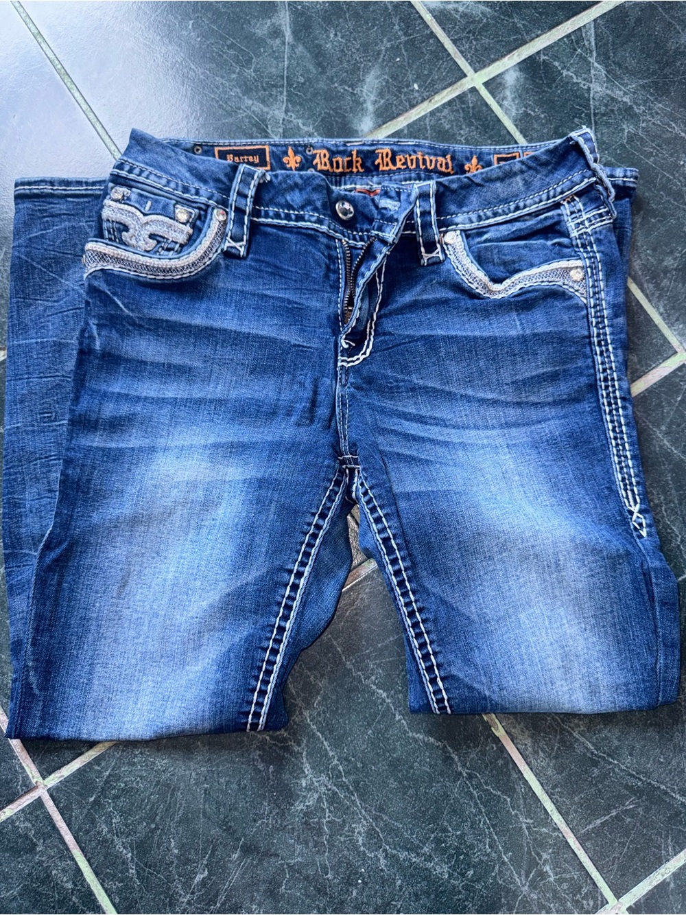 Rock Revival Dark Blue Boot Cut Jeans with Contrast Stitching